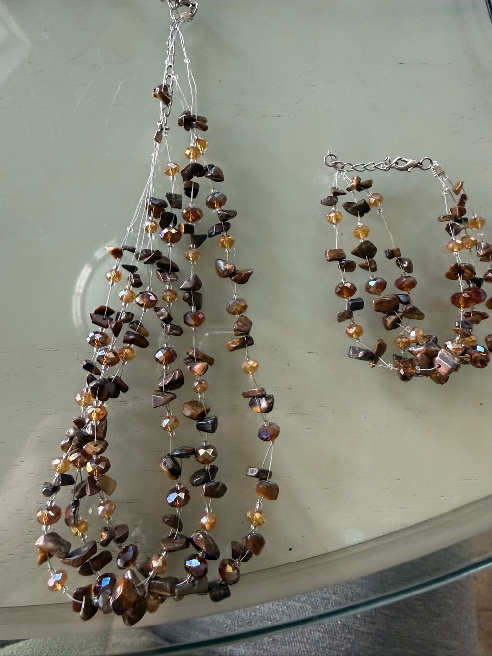 Handcrafted Brown and Amber Layered Beaded Necklace & Bracelet Set